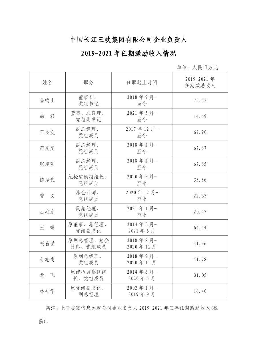 2 中国长江三峡集团有限公司企业认真人2019-2021年任期激励收入情形
